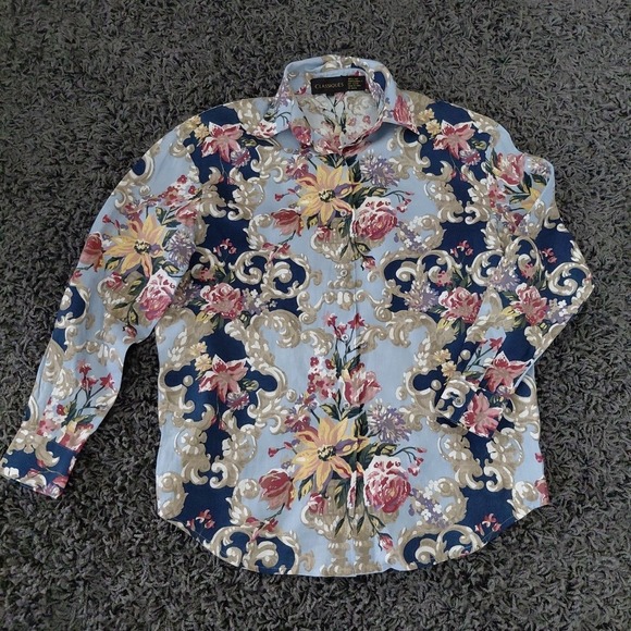 Classique Tops - Vintage Classiques Countryside Button Up Blouse Top LARGE 100% Linen Blue Floral